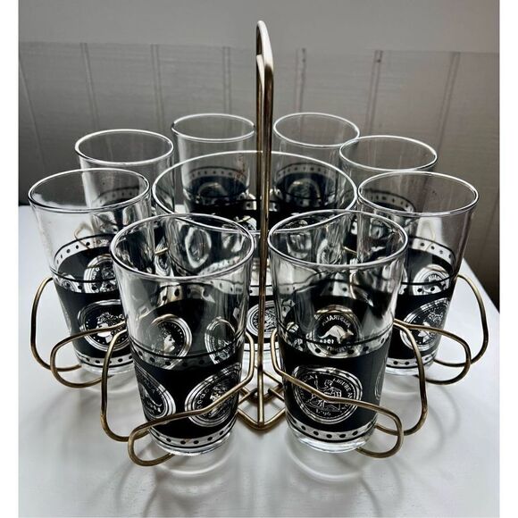 Vtg Hazel Atlas Coins Of the World 8 Glasses, Ice Bucket Black Gold & Caddy MCM - Picture 3 of 16